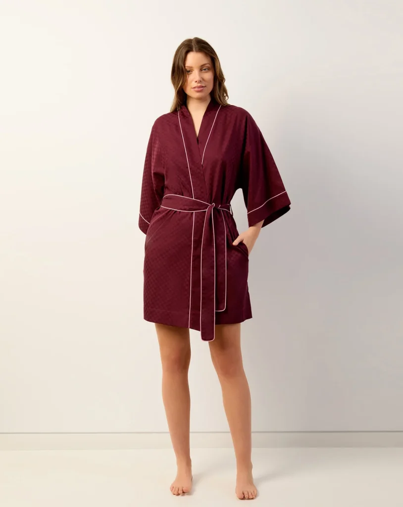 Bordeaux Cotton-Modal Contrast-Piping Robe