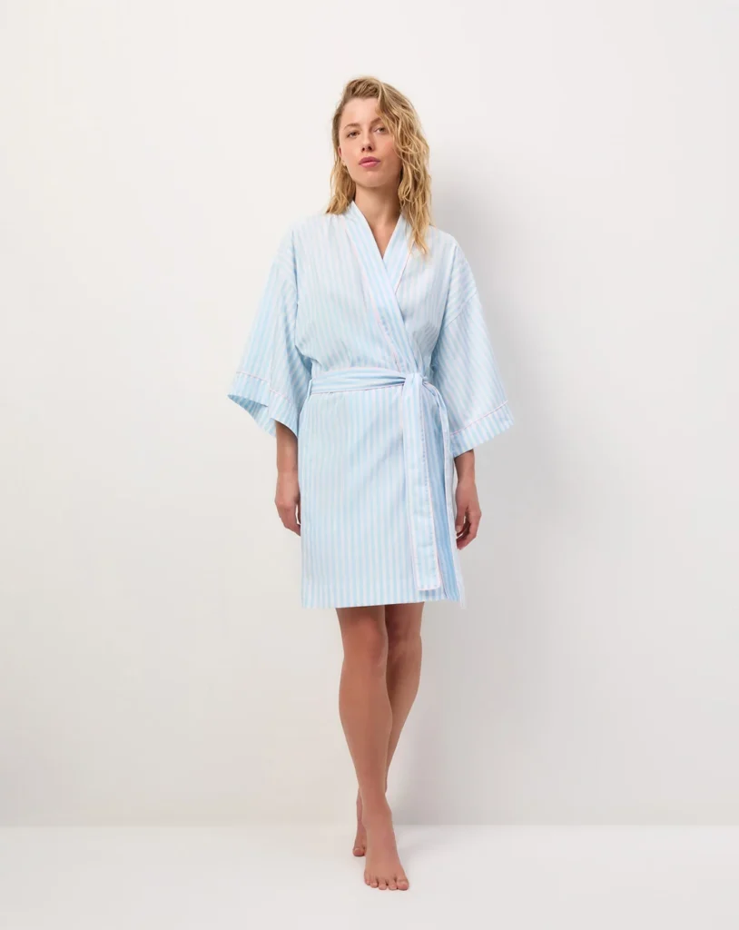 Sky Blue Pinstripe Kimono Lounge Robe