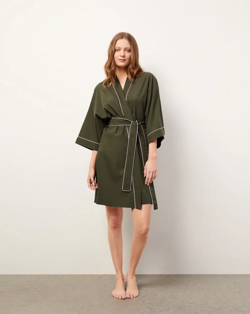 Olive Fern-Embroidered Kimono Robe