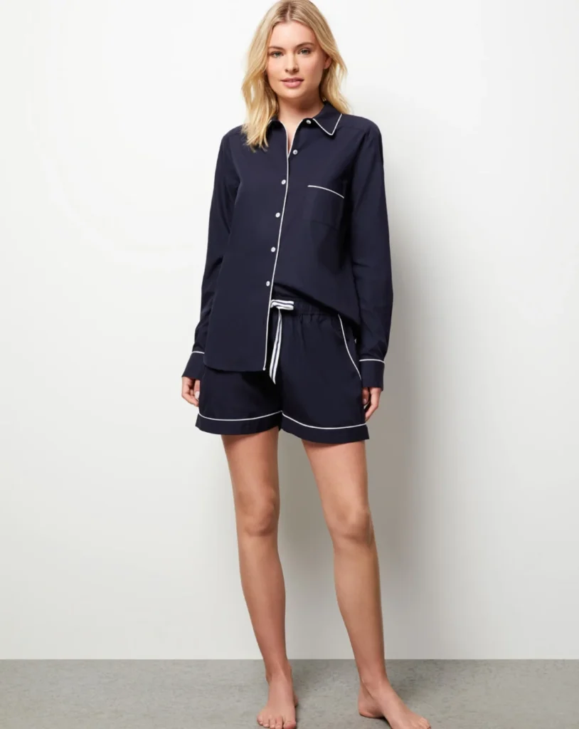 Navy Piped Long-Sleeve Boxer Set