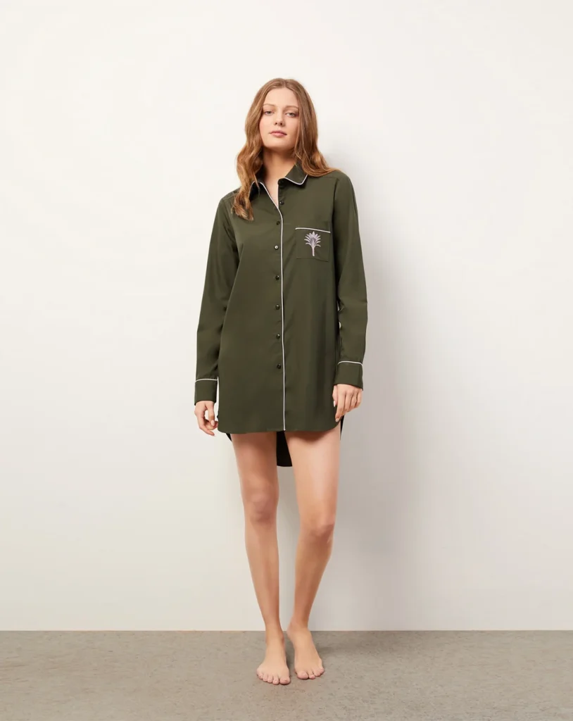 Olive Fern-Embroidered Boyfriend Night Shirt