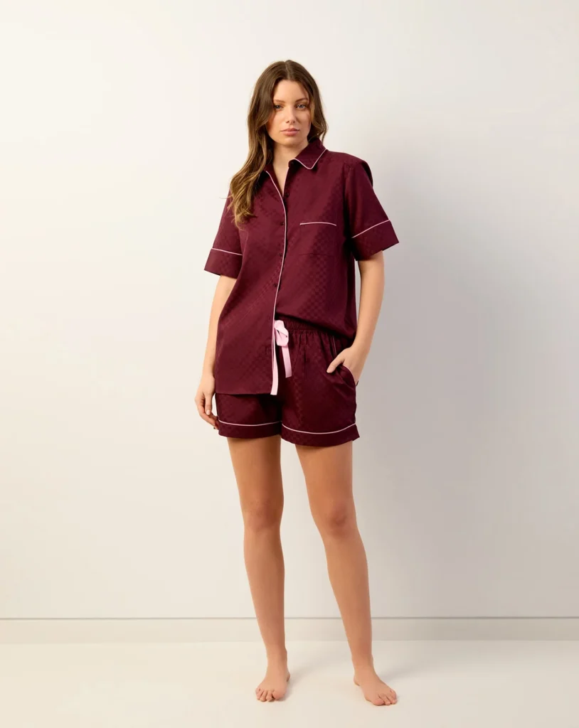 Bordeaux Blush-Piped Short-Sleeve Boxer Set