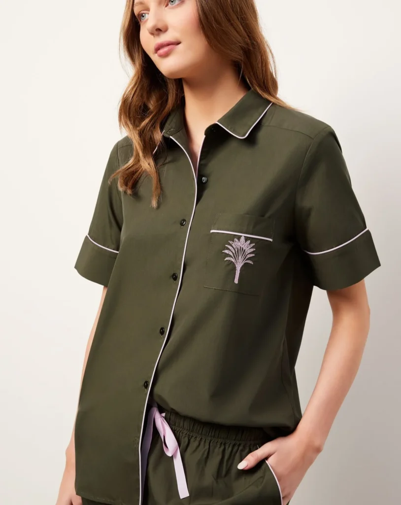 Olive Fern-Embroidered Short-Sleeve Boxer Set