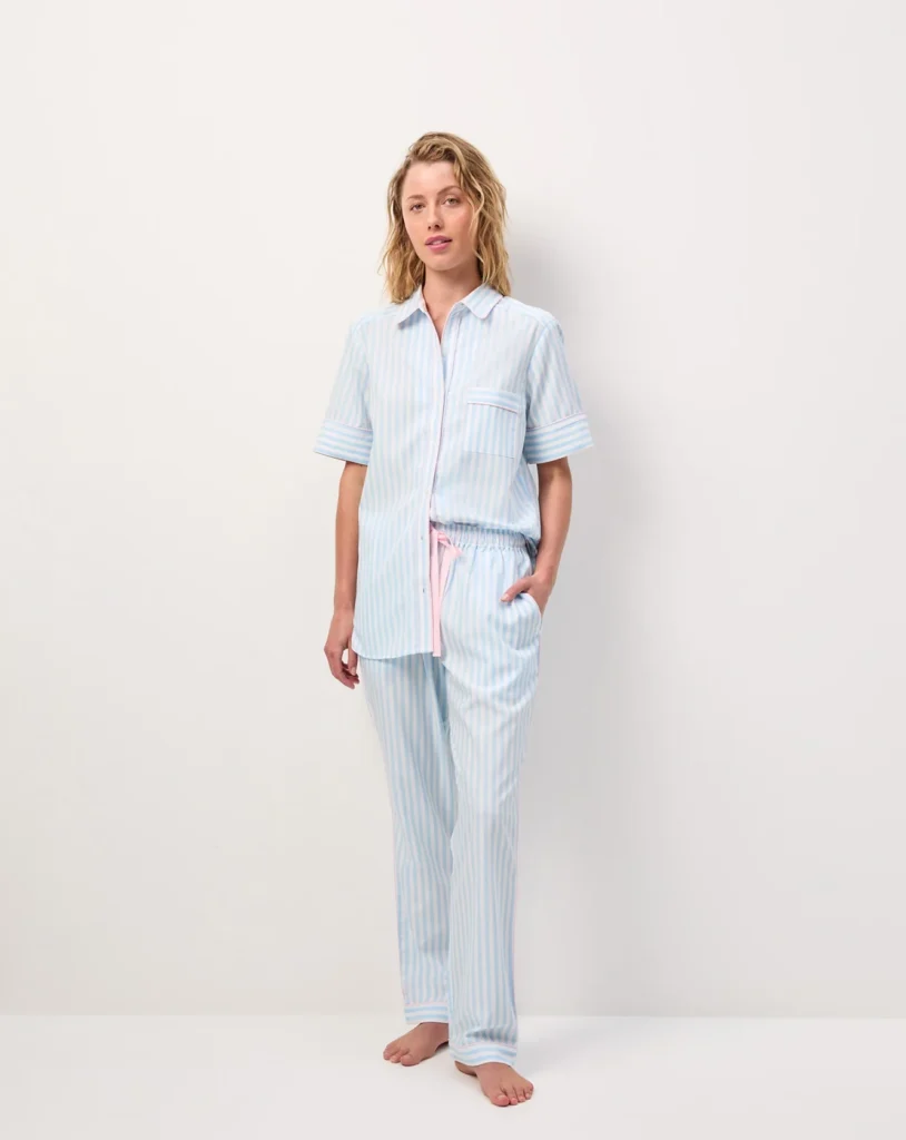 Sky Blue Contrast-Trim Short-Sleeve Pyjama Set