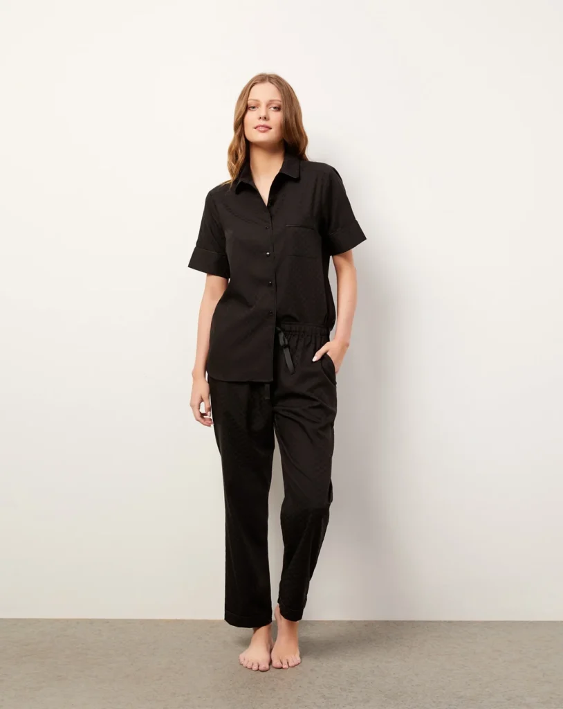 Black Geo Piped Short-Sleeve Pants Set