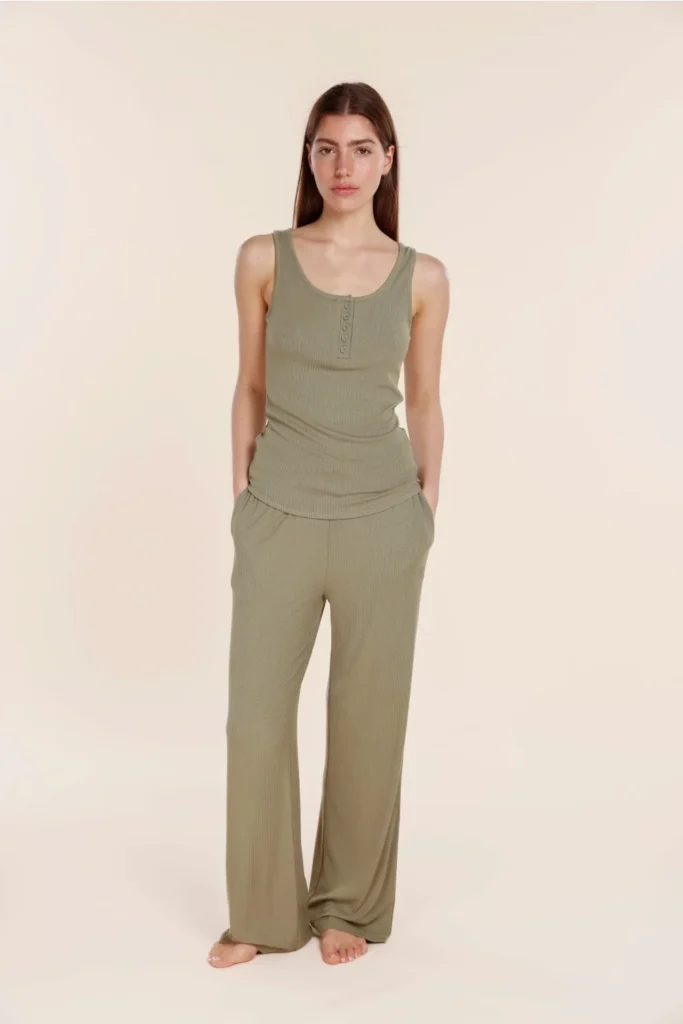 Olive Ribbed Sleeveless Henley Top